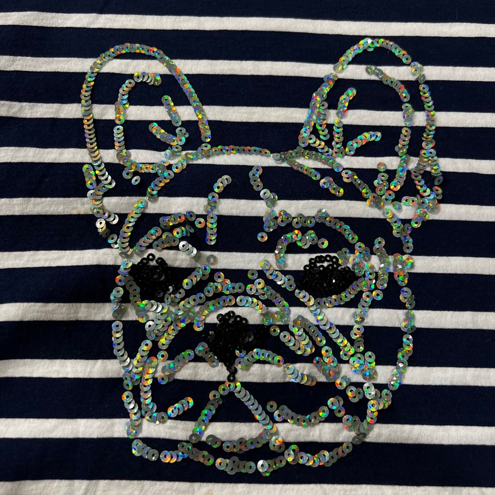J.Crew Net-A-Porter Women Navy White Striped Sequin French Bulldog Tee M - Picture 6 of 8